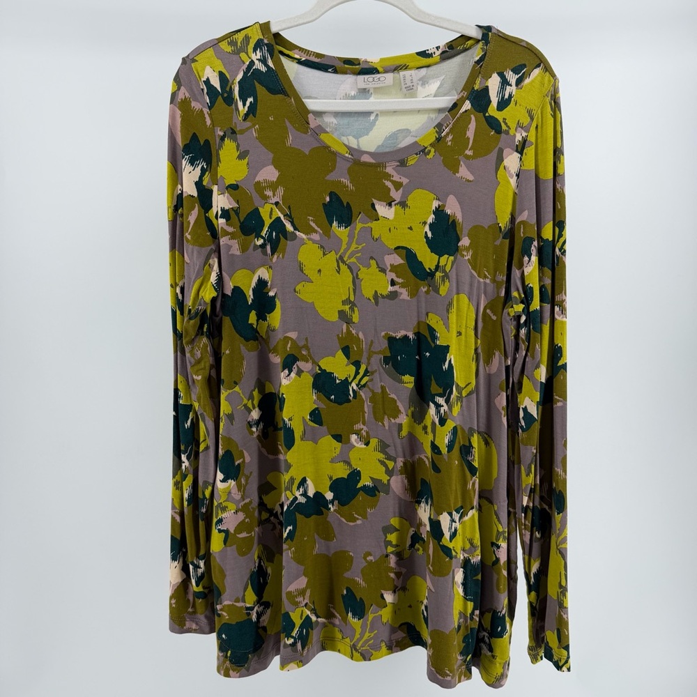 LOGO Lori Goldstein Green Floral Stretch Long Sleeve Tunic Top, Women's Large